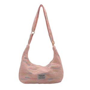 Pink nylon crescent crossbody bag with colorful wave embroidery and Fashion Instinct label
