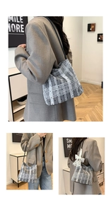 Détail du sac seau à carreaux avec dentelle à pois blancs et décoration de nœud