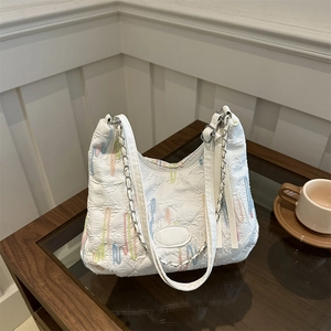 Minimalist canvas tote bag for women with colorful wave embroidery and chain strap