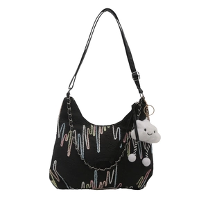 Black striped embroidered shoulder bag with a cute cloud plush pendant and chain strap
