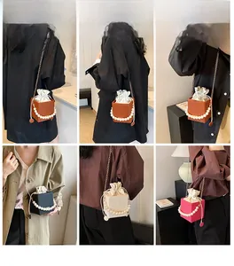 Collage of fashion crossbody bags with drawstring closure and large pearl handle detail