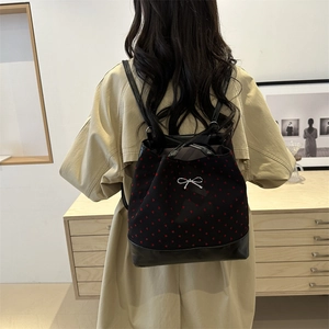 Large capacity backpack for women with red heart print and silver metal bow decoration
