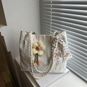 Women Tote Bag Jacquard Fabric Large Capacity Handbag Wave Embroidery Korean Style With Flower Pendant And Satin Scarf