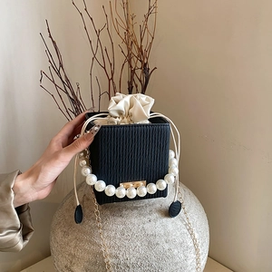 Fashion Women PU Leather Bucket Bag With Faux Pearl Handle Metal Chain Crossbody Small Box Bag For Daily Party Travel