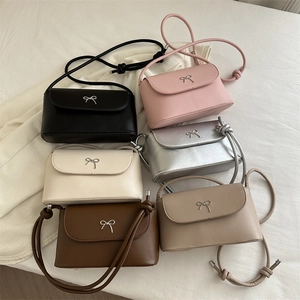Fashion PU Leather Shoulder Bag With Metal Bow Decor Knotted Strap Korean Style Small Square Underarm Crossbody For Women
