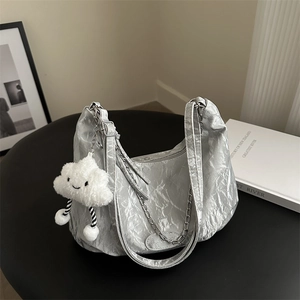Women Shoulder Bag Ruched PU Leather Metallic Pleated Underarm Bag With Metal Chain And Plush Cloud Charm Hobo Style