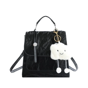 Glossy black wrinkled texture backpack for women with cute white cloud plush pendant
