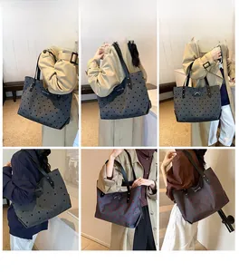 Detail shots of large tote bag with bow accent in polka dot and star patterns