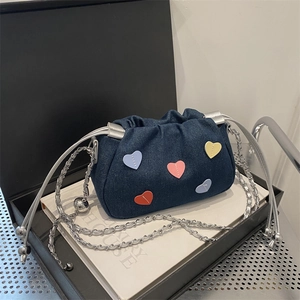 Colorful Heart Patches Crossbody Bag Denim Canvas Gathered Drawstring Shoulder Bag Silver Chain Mini Bucket Bag For Women