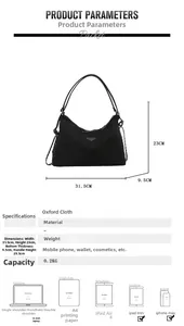 Detailed technical diagram of black nylon tote bag showing dimensions and large capacity