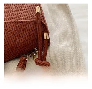Macro detail of brown pleated leather handbag with polished gold hardware and knotted strap
