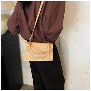 Close-up of beige pleated handbag featuring decorative knotted handles and flap closure