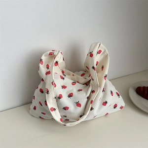 Strawberry Print Corduroy Tote Shoulder Bag Large Capacity Japanese Style Cute Sweet Underarm Handbag For Women Commute