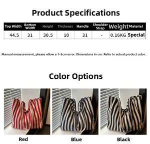 Detailed size chart and dimensions for the large capacity striped canvas tote bag