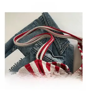 Detail of red and white striped canvas bag with thick white cotton rope handle