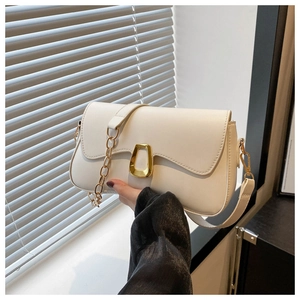 Close-up of cream crossbody bag with irregular gold buckle and mixed chain strap