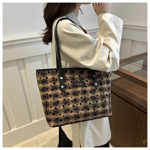 Classic dark brown checkered tote bag with black heart patterns and long leather straps