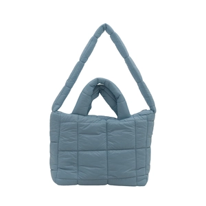 Fog blue quilted puffer cloud tote bag with top handles and adjustable shoulder strap