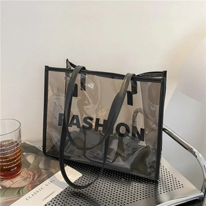 Transparent PVC Tote Bag Large Capacity Letter Print Handbag With Inner Pouch Fashion Jelly Shoulder Bag Women