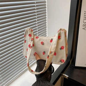 Sac Sous le Bras en Velours Côtelé pour Femmes Rétro Imprimé Sac à Épaule Tissu Souple Sac Hobo Avec Fermeture Éclair pour Accessoires Quotidiens
