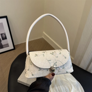 French Pastoral Straw Woven Underarm Shoulder Bag With Flower Embroidery Retro Baguette Bag Metal Lock For Women