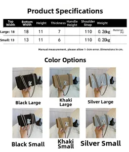 Detailed size chart and color selection for minimalist chain strap crossbody square bag