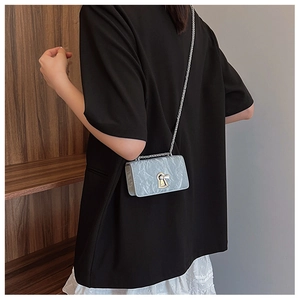 Detail of silver chain strap on metallic silver crossbody bag with vintage keyhole lock
