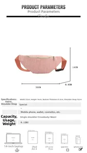 Tableau des tailles du sac ceinture en toile rose avec dimensions et capacité
