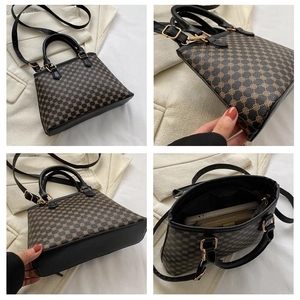 Vierseitige Detailansicht einer Vintage-Einkaufstasche mit Monogramm und Goldbeschlägen
