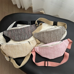 Sac Banane En Tweed Tissé Pour Femmes Sac De Poitrine Décontracté Avec Sangle Réglable Et Fermeture Éclair