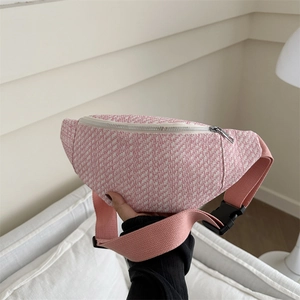 Sac banane en tweed rose et blanc pour femme avec fermeture éclair et bandoulière réglable