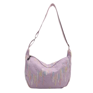 Lavender purple hobo shoulder bag with rainbow wavy embroidery and textured monogram pattern