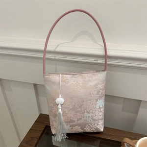 Rosa Jacquard Eimertasche mit Landschaftsmuster und Seidenquaste für Damenmode