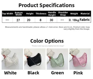 Size chart and specifications for the pleated texture underarm bag with four color options