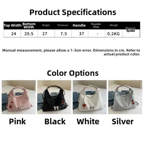 Detailed size specifications for large quilted tote bags with bow and bead accents