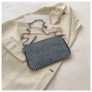 Detail of grey-blue suede bag with silver bead trim and metallic chain on a beige blazer