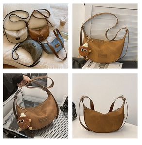Collage of four large dumpling bags in cream, brown, green and blue with adjustable straps