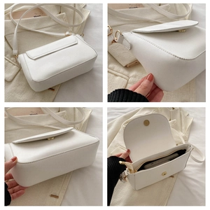 Detailed views of white square crossbody bag showing back view, bottom corners and interior