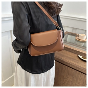 Brown minimalist leather crossbody bag with adjustable gold buckle on shoulder strap