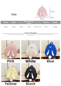 Size chart showing nylon bunny ear backpack dimensions and five available color options