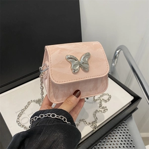 Mini light pink butterfly chain crossbody bag with marble texture embossed leather