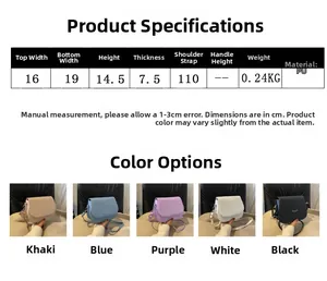 Tableau des tailles détaillé et options de couleurs pour le petit sac bandoulière en PU