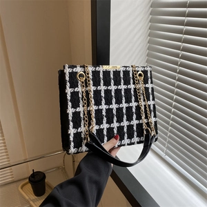 Tweed Crossbody Bag Checkered Pattern Gold Chain Strap Elegant Square Shoulder Bag Women