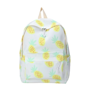 Detailed view of large capacity white backpack with cute yellow pineapple prints