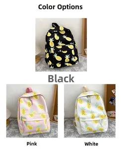 Detailed comparison of canvas backpacks with pineapple prints in black, pink, and white