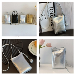 Detailed views of mini metallic crossbody phone bags in gold, silver, black and silver