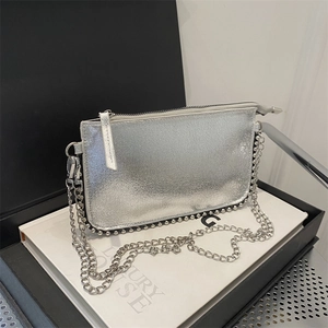 Mini Crossbody Bag Women Metallic PU Leather Shoulder Handbag With Metal Chain Strap And Ball Studs Decoration Fashion