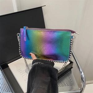 Holographic laser cross-body handbag with colorful gradient metallic finish and chain strap