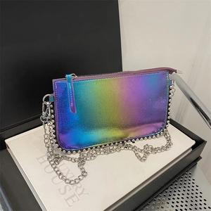 Chic laser iridescent crossbody bag with silver bead studs and metal chain strap