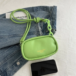 Mini grass green PU leather crossbody bag with decorative chain and golden logo